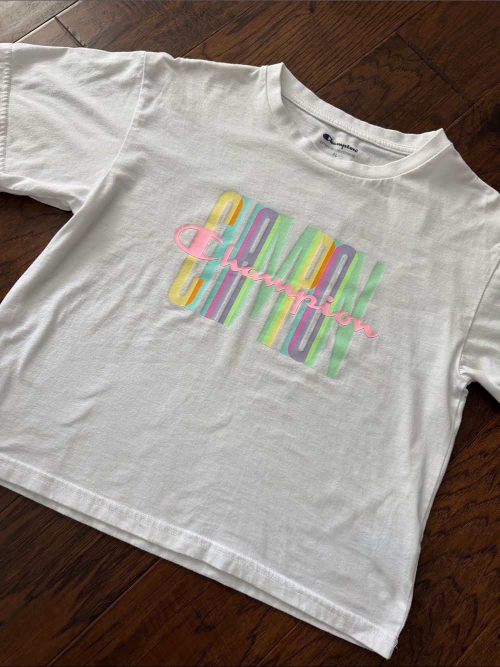 Champion White cropped Tee with neon Pastel Logo